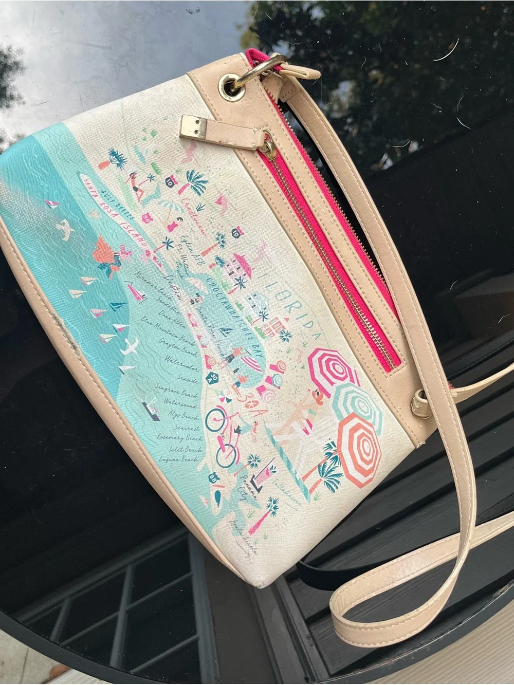 Spartina 449 Coastal Map Crossbody Purse in Pink and Cream with Teal Accents